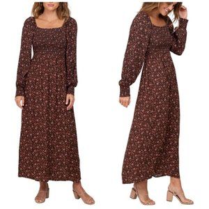 PinkBlush Brown Floral Smocked Square Neck Long Sleeve Midi Dress